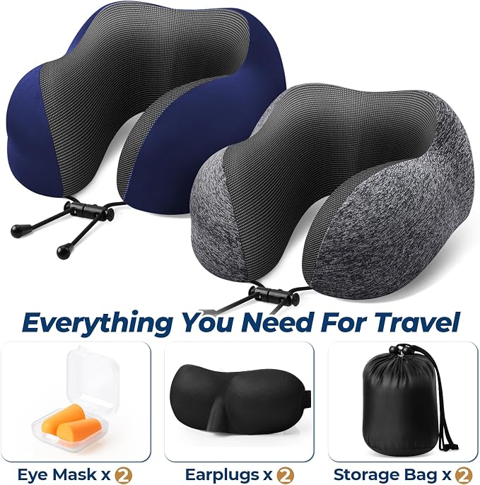 ExploreBliss Travel Pillow, 2 Pack Travel Pillows for Sleeping Airplane, Neck Pillow Airplane, Memory Foam Neck Pillow Set with Eye Mask, Earplugs and Storage Bag -Grey & Blue