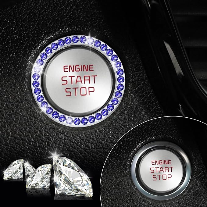 LivTee 2 PCS Crystal Rhinestone Car Engine Start Stop Decoration Ring, Bling Car Interior Accessories for Women, Push to Start Button Cover Sticker, Automotive Decals, Dark Blue