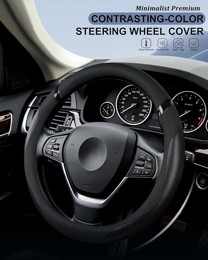 Cxtiy Car Steering Wheel Cover for Men Women Universal Leather Steering Covers for Car SUV (Full-Black)
