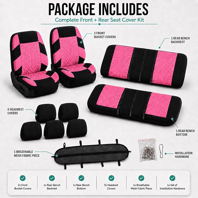 FH Group Full Set Travel Master Car Seat Covers, Airbag and Split Rear Car Seat Cover Universal Fit Interior Accessories for Cars Trucks SUV, Automotive Seat Covers, Pink