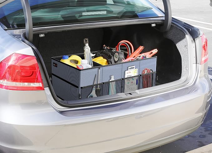 EPAuto Foldable Car Trunk Organizer for SUV, 3-Compartment, Blue | with Removable Divider, Side Pockets and Securing Straps