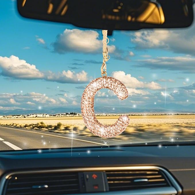 Bling Car Accessories for Women Letter Charm, Rainbow Crystal Rearview Mirror Pendant, Cute Diamond Rhinestone Car Decor, Lucky Gift for Women(C, Champagne Gold)