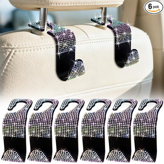 BFXM 6 Pack Bling Car Seat Headrest Hooks, Bling Car Accessories for Women, Rhinestone Purse Hook for Car, Universal Storage Organizer for Handbag Grocery Bags Coats (Bling Colorful)
