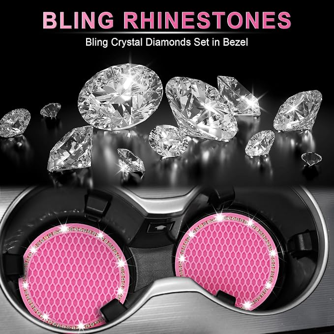 JUSTTOP Car Cup Holder Coaster, 2 Pack Universal Auto Anti Slip Cup Holder Insert Coaster, Bling Crystal Rhinestone Car Interior Accessories-Deep Pink