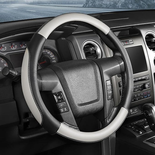 SEG Direct Car Steering Wheel Cover Large Size for F150 F250 F350 Ram 4Runner Tacoma Tundra Range Rover with 15 1/2 inches-16 inches Outer Diameter, Black and Gray Microfiber Leather