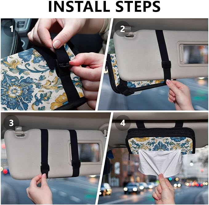 Car Visor Tissue Holder Mask Holder for Car, Car Tissue Box Sun Visor Napkin Holder Car Visor Accessories Adjustable Straps Reusable Durable Easy to Install Floral Blue and Yellow Tile