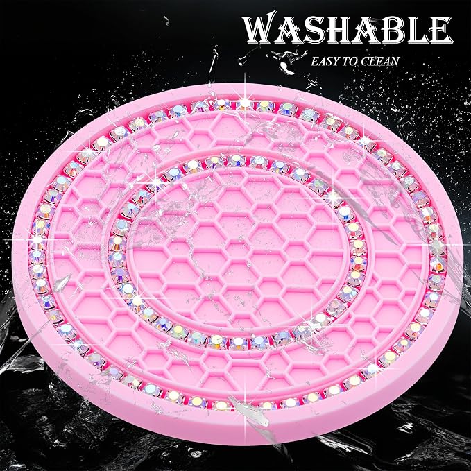 2PCS Bling Crystal Rhinestone Cup Coaster Insert, 2.75 inch Soft Silicone Anti-Slip Shockproof, Car Drink Holder Coaster, Universal Car Interior Accessories for Women (Pink & Colorful)