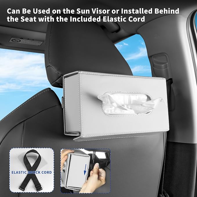 Car PU Leather Tissue Holder for Sun Visor and Back Seat Organizer | Tissues Box Cover for Sunvisor and Cars Backseat Large Rectangle Napkin Holder Fit for Various Tissue Sizes Box Organizer
