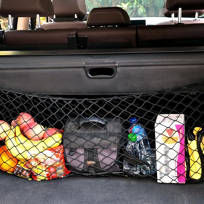 Car Rear Cargo Net, Adjustable Elastic Trunk Storage Net with Mounting Screws & Hooks, Envelope Style Mesh Organizer Cargo Netting for SUV Pickup Truck, Car Accessories (Large)