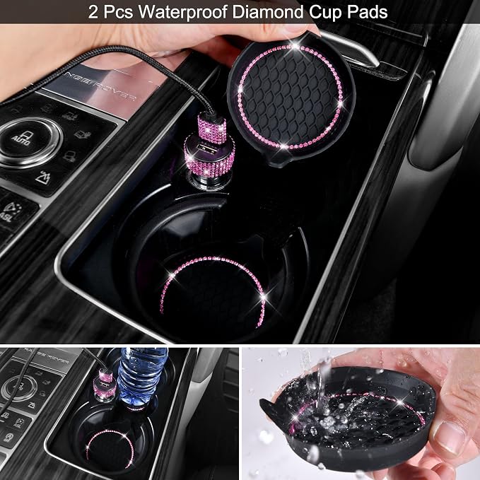 CAR PASS 30 PCS Bling Pink Car Set for Women, Bling Steering Wheel Covers Set 15 Inch, Shining Rhinestone License Plate Frame, Sparkly Diamond Phone Holder, Cute Interior Set Decorations, Pink Diamond