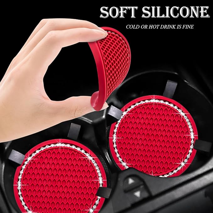 2PCS Bling Cup Holder Coaster, 2.75 Inch Auto Car Cup Holder Insert Coasters, Soft Silicone Anti-Slip Shockproof, Universal Vehicle Interior Accessories for Women Girls (Red & White)