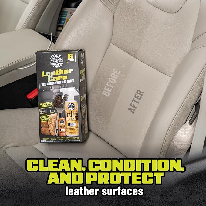 Chemical Guys, Car Leather Care Kit, Cleaner, Conditioner & Tools, 6 Pc | Leather cleaner, conditioner, brush and towels to clean, soften and protect seats and trim, six-piece kit