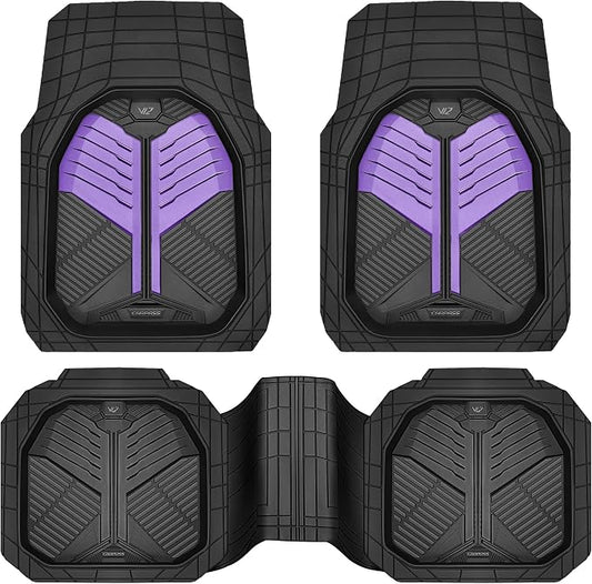 CAR PASS Heavy Duty Rubber Car Mats, Deep-Dish Car Floor Mats All Weather, Universal Two-Tone Trim-to-Fit for SUVs Trucks Sedans, Waterproof Anti-Slip, 3 Pieces V12 Black and Metallic Purple