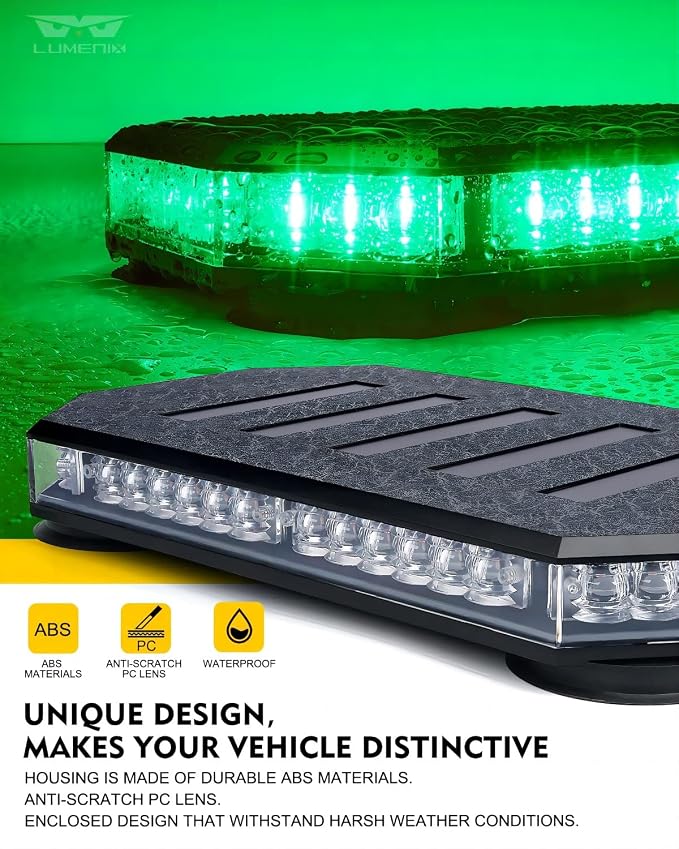 LUMENIX 42 LED Green Rooftop Strobe Beacon Light Bar with Controller | Magnetic Mount Hazard Caution Warning Light for Tow Trucks, Snowplows, Work Cars, Utility Vehicles, Patent Design