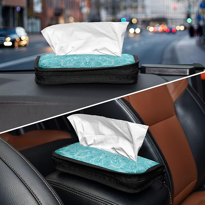 Car Tissue Holder Car Napkin Holder Tissue Box Dispenser Storage Case Sun Visor Mask Holder Accessories with Adjustable Straps Reusable Refillable Vintage Turquoise Mandala