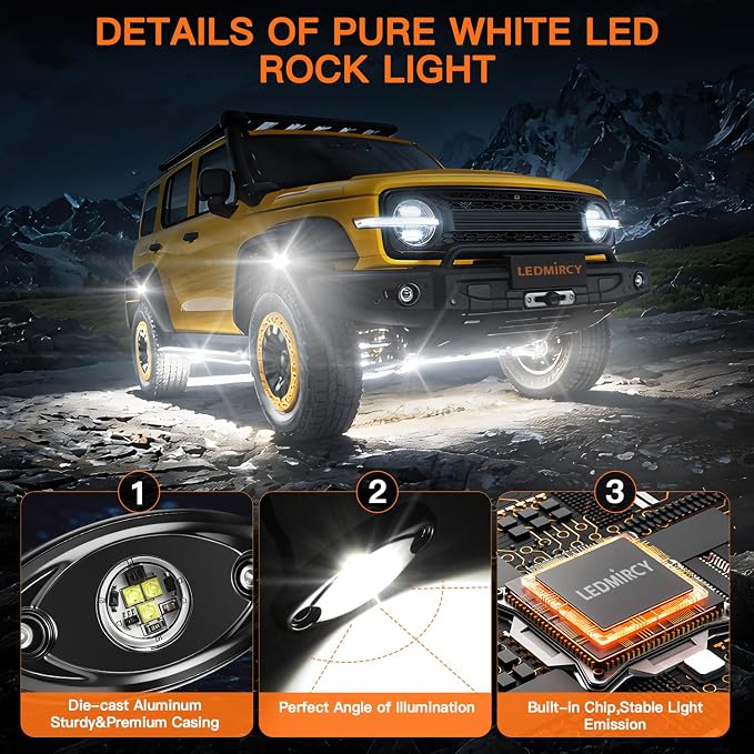 White Rock Lights,LEDMIRCY R1 LED Pure White Rock Lights 16PCS with Rocker Switch Wire Harness Kit Super Brigh Luces para Carro for Trucks ATV UTV Off Road Boat High Power Light Waterproof Shockproof