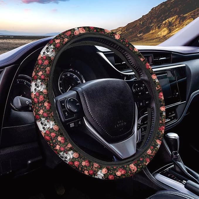 AFPANQZ Auto Steering Wheel Covers Anti-Slip Safety Stretch-on 14-15 inch | Skull Flower Print, Steering Wheel Protector with Cloth for Women Keep Warm Comfort Grip Sweat Absorption Neoprene
