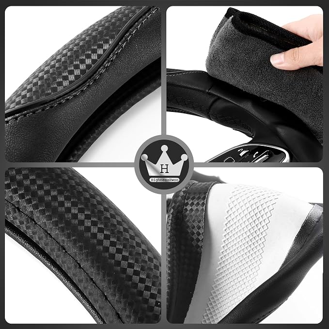 HighnessHwoo 3D Car Steering Wheel Cover Comfort Grip Massage Sporty Anti-Slip Carbon Fiber Faux Leather for F150, Trucks, Jeep, Van, Car Handle Covers for All Seasons, 15.2-16in, Black
