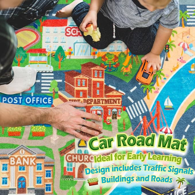 Car Rug Play Mat for Kids Toy Cars, Road Traffic Playmat for Kid Bedroom, Non-Slip Machine Washable Town City Race Track Carpet for Learn and Have Fun 3'x4'/ 36"x48"