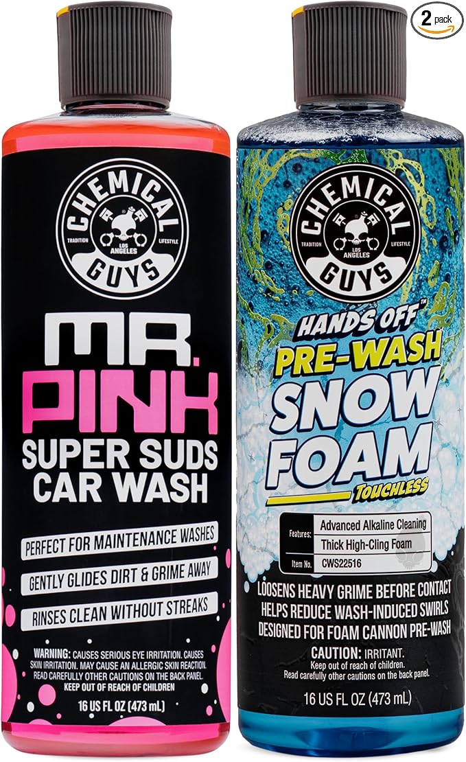 Chemical Guys, Hands Off Touchless Pre-Wash & Mr. Pink Car Wash Soap Kit | Touchless pre-soak lifts dirt and road film, paired with Mr. Pink foaming soap for a safe two-step wash, 16 oz each