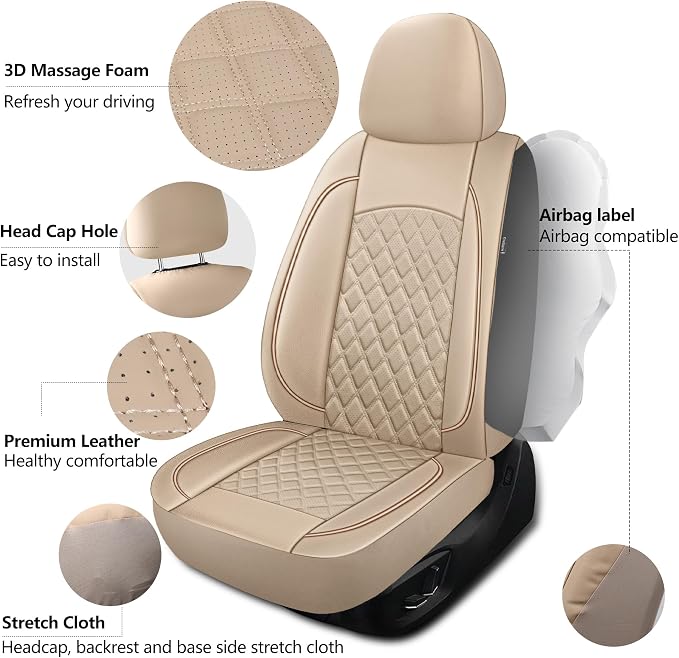 HChengkikz Front Car Seat Cover, Waterproof Nappa Leather (Beige) | Breathable, Airbag compatible, Easy to Install, Universal Fit for Most Cars, Sedans, SUVs, Vans, Trucks