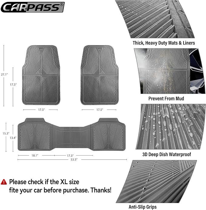 CAR PASS Gray Rubber Car Mats, All Weather Floor Mats Full Set, Waterproof Trim-to Fit Anti-Slip Easy Clean Heavy Duty Automotive Pad for Cars Trucks SUV Sedan Van, 3 Pcs All Grey Rubber