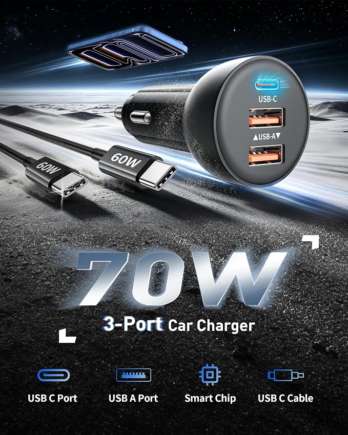 iPhone 17 16 15 Pro Car Charger, 70W 3-Port Car Charger USB C Fast Charge | Cigarette Lighter Adapter, with 3FT Type C Cable, for iPhone 17/17 Pro Max/Air/17e/16/15 Pro Max/iPad,Cars Travel Accessories