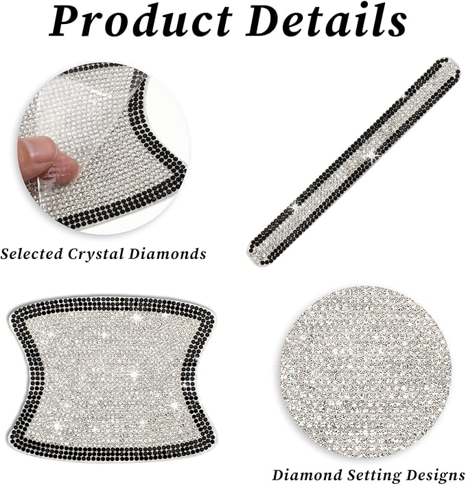 10PCS Car Door Handle Protector Bling Rhinestones Stickers Universal Auto Door Handle Scratch Cover Guard Protective Film Pad with Safety Reflective Strips Bling Car Accessories (Silver and Black)
