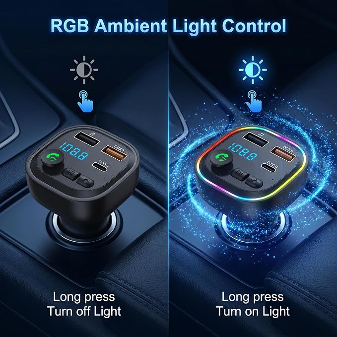 Wireless Car Adapter, USB-C Car Audio Transmitter with 40W Fast Charging, Bluetooth FM Transmitter for Cars, Supports Hands-Free Calls, MP3 Playback via USB/TF Card