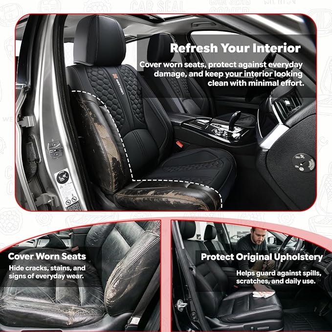Black Universal Car Seat Cover, Waterproof Leather, Lumbar Support | Compatible with over 7,200+ Vehicle Models