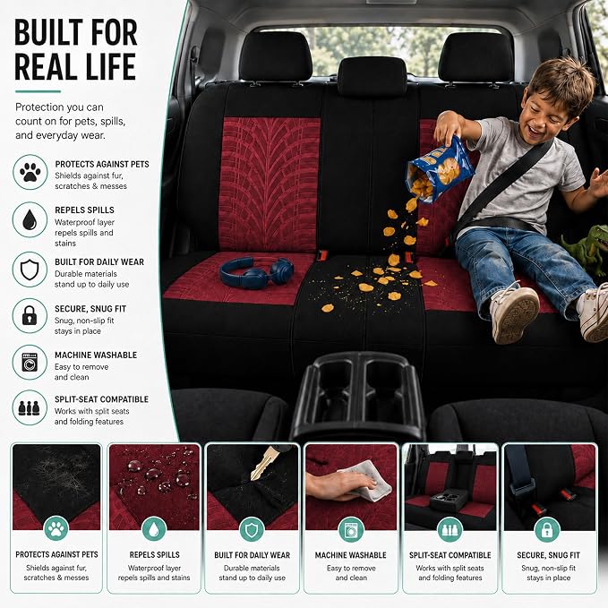 FH Group Full Set Travel Master Car Seat Covers, Airbag and Split Rear Car Seat Cover Universal Fit Interior Accessories for Cars Trucks SUV, Automotive Seat Covers, Burgundy