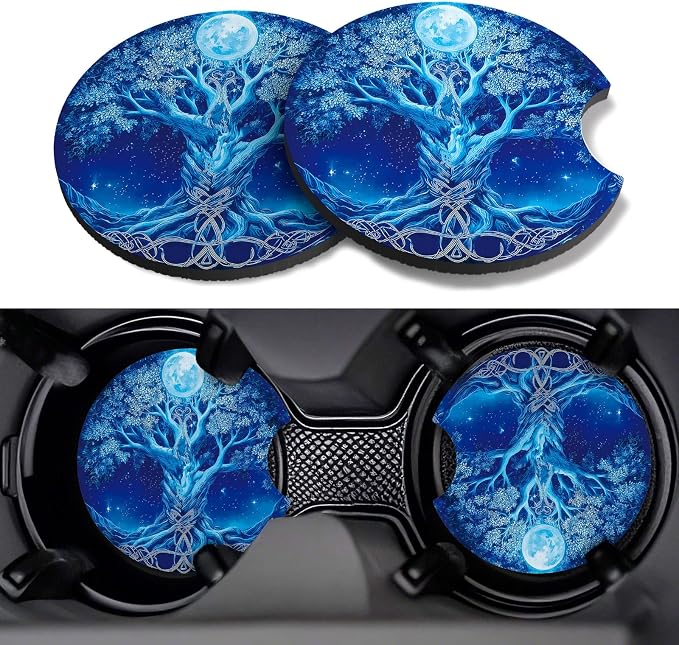 Car Cup Coasters,2 Pack Car Coaster,2.75inch Anti Slip and Absorbent Cars Coasters for Cup Holders,Car Accessories for Women,Cute Decor for Women (Blue Fantasy Tree)