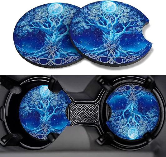 Car Cup Coasters,2 Pack Car Coaster,2.75inch Anti Slip and Absorbent Cars Coasters for Cup Holders,Car Accessories for Women,Cute Decor for Women (Blue Fantasy Tree)