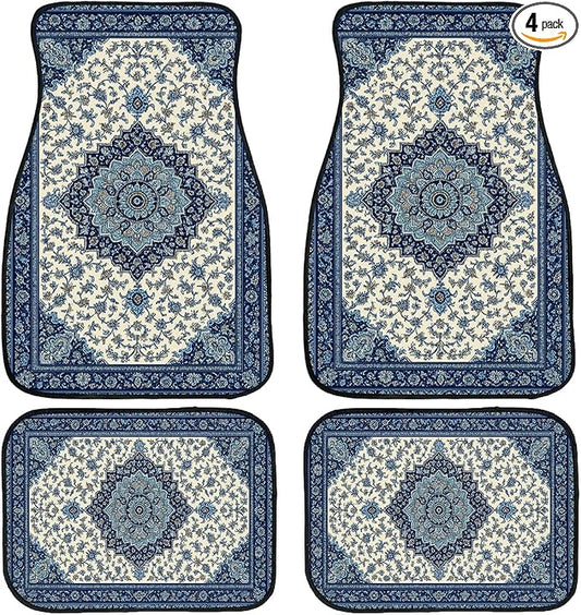 Blue Car Floor Mats Bohemian Floral Carpet Front Rear Carpets Mat Decorative Car Floor Carpets Non-Slip Auto Car Accessories Universal Fit for Car SUV Truck Van