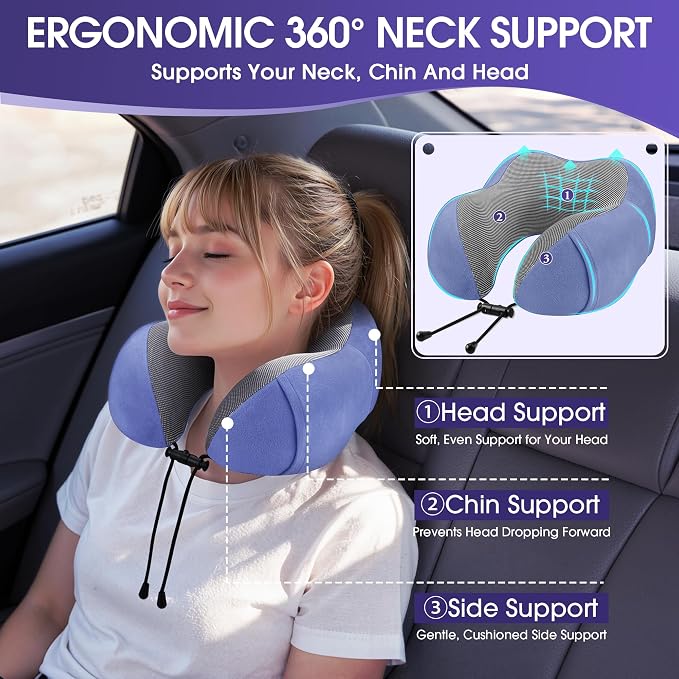 CloudBliss Travel Pillows for Airplane, 2 Pack Memory Foam Neck Pillow for Travel, Airplane Pillow for Long Flight, Car & Office Use, Plane Accessories with Eye Mask, Earplugs, Carry Bag, Black & Blue