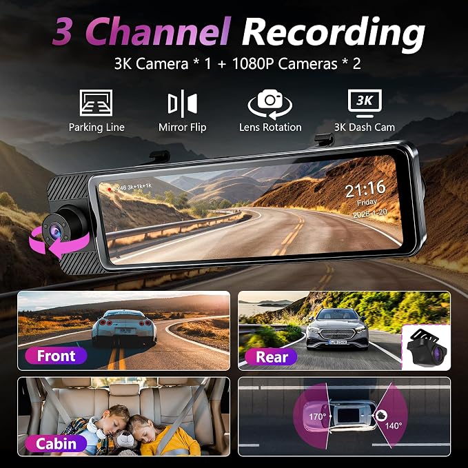 3 Channel Mirror Dash Cam with Front 3K, Cabin & Rear 1080P, 11" Rear View Mirror Camera with WiFi/Night Vision/G-Sensor/Parking Monitor/Reverse Assist /128GB, Backup Camera for Cars/Trucks