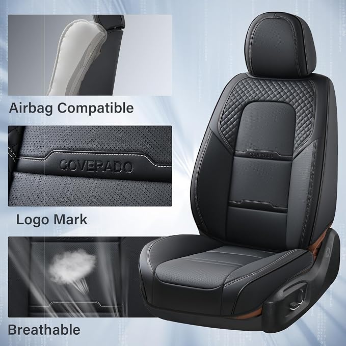 Coverado Car Seat Covers Front Seats, 2 Piece Car Seat Protector with Removable Headrest, Nappa Leather Breathable Front Seat Cushion Side All Wrapped Universal Fit Truck Automotive Most Cars Black