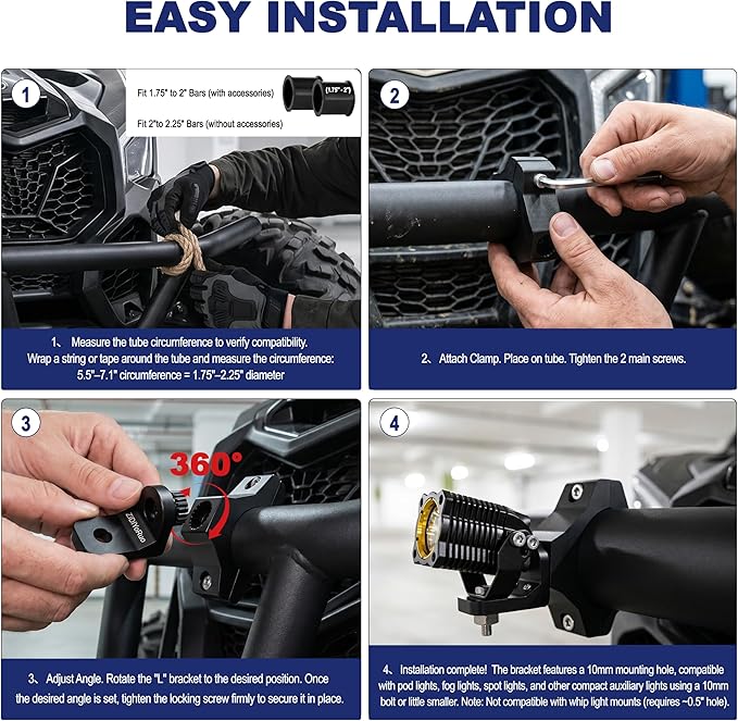 ZIDIYORUO Light Bar Mount for 1.75-2.25in Tubes/Big Barts, 6061 alu, 2-Pack | Fits 1.75-2.25in tubes on Jeep JL/JT, Raptor, Tacoma, RZR XP, Defender. 20 lock positions, precise 360 aiming. 6061 aluminum