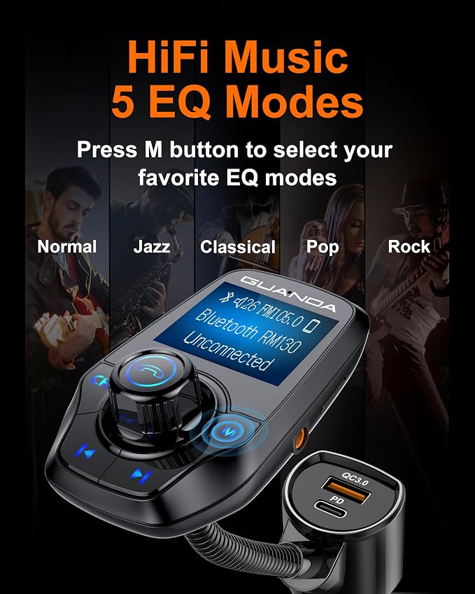 FM Transmitter Bluetooth 5.3 for Car, Bluetooth Radio Adapter Transmitter for Car, Wireless Audio Transmitter and Receiver 1.44" Display AUX in/Out SD/TF Card USB C Charger [PD 30W], GUANDA