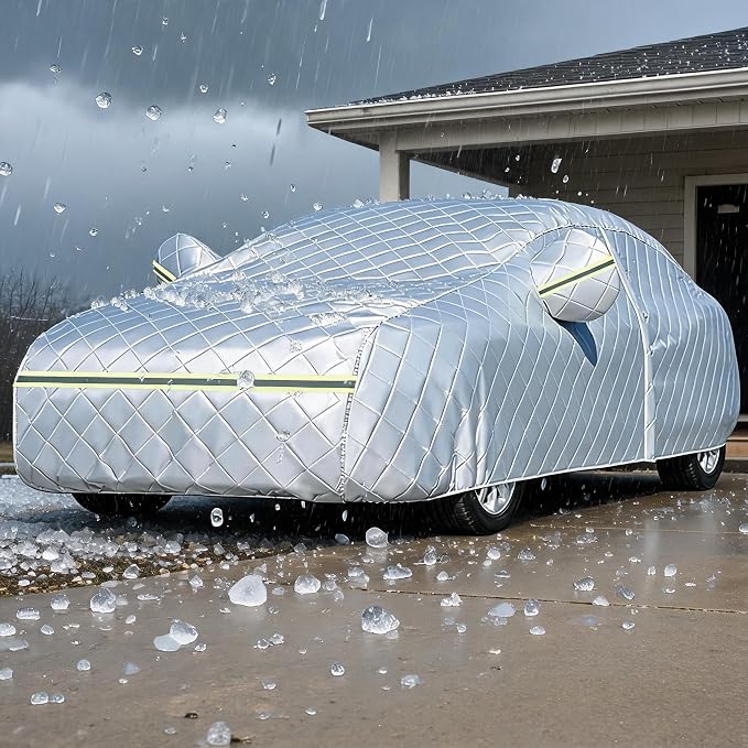 Hail Protector Car Cover, 7 Layers Thickened Heavy Duty Car Covers for Automobiles, All Weather Season, Anti-Hail UV Protection Snowproof Outdoor Full Cover, Universal Fit Sedan 186" to 193"(Silver)