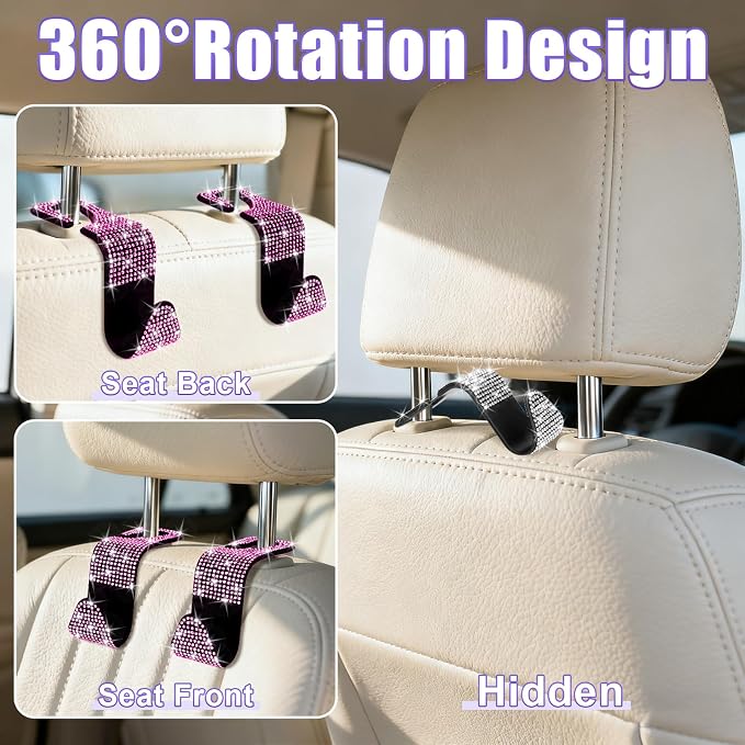 BFXM 6 Pack Bling Car Seat Headrest Hooks, Rhinestone Purse Hook for Car, Universal Storage Organizer for Handbag Grocery Bags Coats, Bling Car Accessories for Women (Bling Pink)