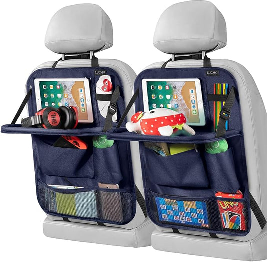 LUCMO Car Backseat Organizer with Foldable Tablet Holder, Dark Blue | 2 Pcs,6 Storage Pockets,Foldable Food Tray,Protectors Kick Mats,Travel Accessories,Seat Cover,Road Trip Essentials