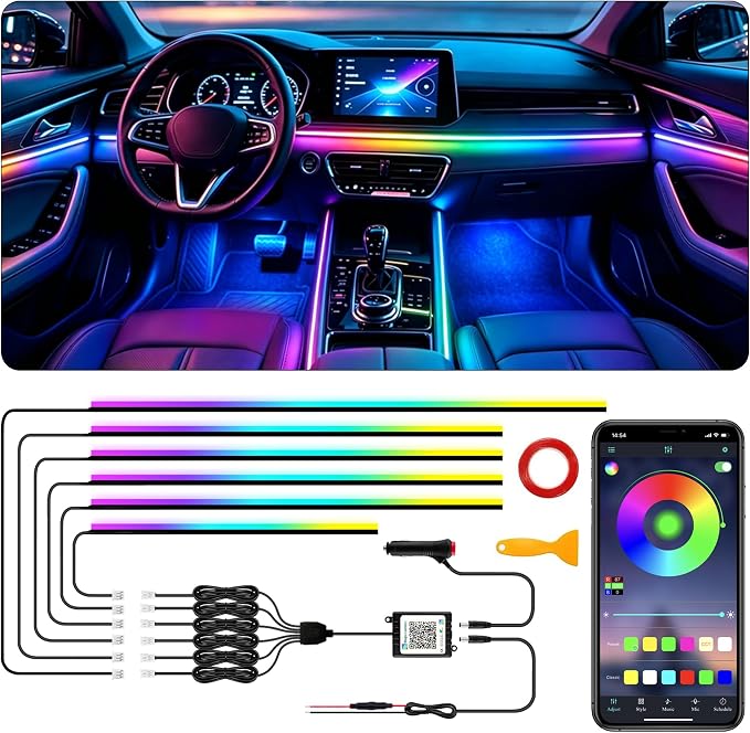 Interior Car LED Strip Lights with Wireless APP, Ambient Lighting Kits with Dynamic Dreamcolor Chasing, 16 Million Colors Acrylic LED Lights for Car, Sound Active Function Car Neon Lights (6 in 1)