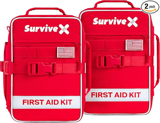 SurviveX Large First Aid Kit for Car, Travel & Home - Emergency Kit for Hiking, Camping, Backpacking and Outdoors - Includes Zip Stitch Wound Closure Strips (Pack of 2)