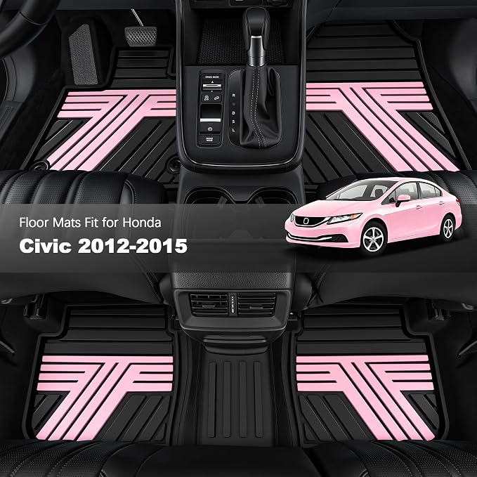 Rubber Floor Mats for Honda Civic Sedan 2012-2015 (Not for Coupe) | All Weather Heavy Duty Car Mats Fit for Civic, 1st & 2nd Row, Black & Pink