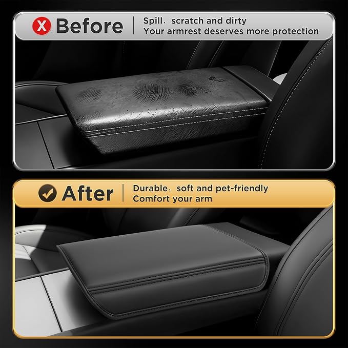 for Tesla Model Y Juniper(2025-2026) & Model 3(2024-2026) Leather Center Console Cover [Soft Touch & Match Seat Color] Armrest Cover for Tesla Model 3 & Model Y Juniper Accessories Black