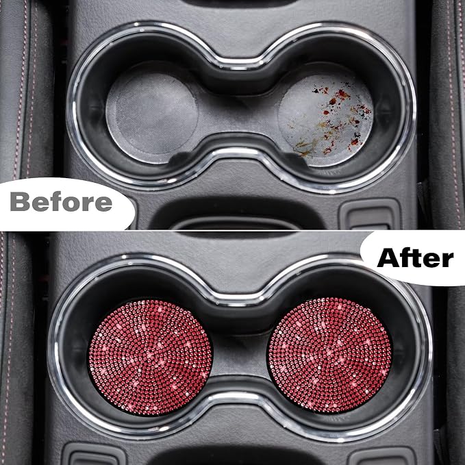 BFXM 4 PCS Bling Cup Holder Coaster, 2.75 inch Diamond Universal Non-Slip Silicone Cup Holder Coasters, Sparkly Bling Car Accessories for Women (Red)