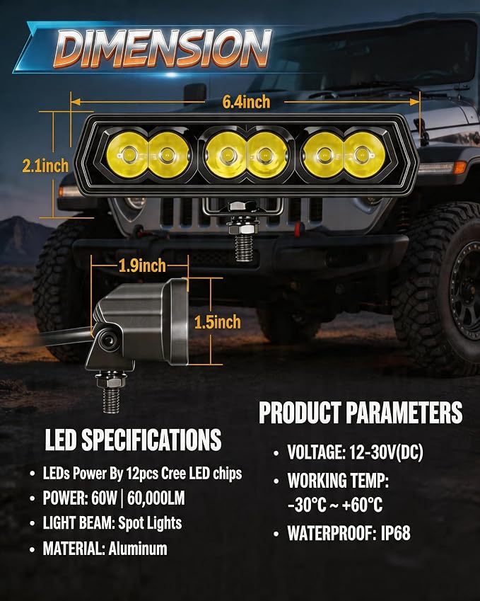 6 Inch LED Light Bar Slim LED Pods Fog Lights for Truck ATV UTV Motorcycle | 2PCS 120W Spot Beam Bumper Auxiliary Backup Driving Light Pod Single Row Light Bar w/DT Wiring Harness kit IP68 Waterproof