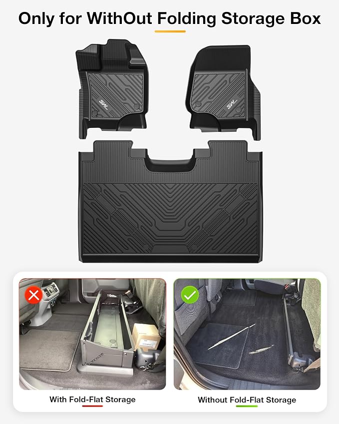 3W Floor Mats & Front Carpet Fit for 2015-2025 2026 Ford F150/F-150 Lighting SuperCrew Cab (w/o Fold Flat Storage), TPE All Weather Accessories Custom Fit Full Set Pick-up Truck Car Liners