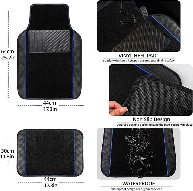 NBTEPEM Microfiber Steering Wheel Cover and Waterproof Car Floor Mats, Universal Fit Most Truck, SUV, Cars, 14.5-15inch Sporty Steering Wheel Covers with Anti-Slip Lining (Black with Blue line)